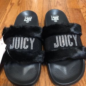 Size 10 Black Juicy Couture Women's Slide Slipper Sandals With Faux Fur-NWT